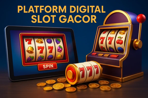 Ilustrasi 3D situs platform digital slot gacor menampilkan mesin slot modern, koin emas, dan layar tablet dengan simbol jackpot 777.